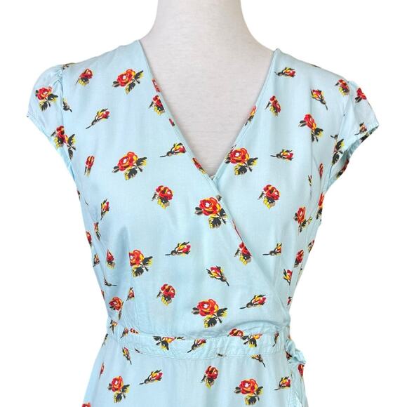 J Crew Mercantile Baby Blue Rose Floral Cap Sleeve Faux Wrap Ruffle Mini Dress - Picture 4 of 12